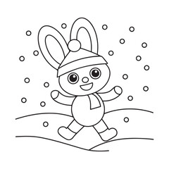 Cute cartoon bunny in winter clothes walking in the snow line art illustration rabbit happy