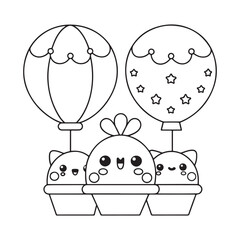 Cute Kawaii Cartoon Characters in Hot Air Balloons Line Art vector illustration
