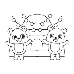 Two Happy Cartoon Bears Standing in Front of an Igloo with Lights kawaii cute
