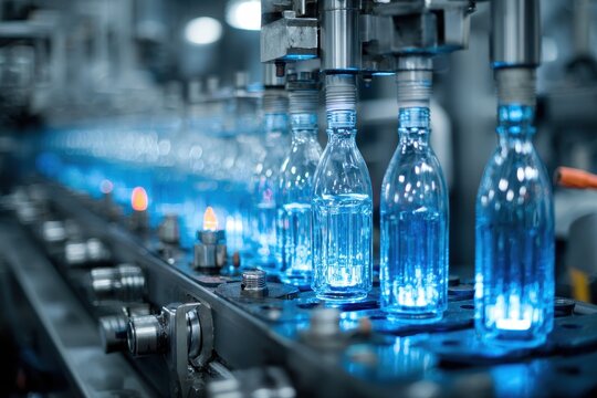 Blow Molding Machine in Big Blue Plastic Factory Producing PET Bottles Automatically