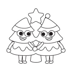 Two Happy Cartoon Christmas Trees Wearing Glasses and Hats Holding Hands characters holiday