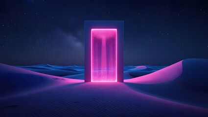 A luminous pink portal glows in the desert under the starry night sky.