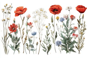 Fototapeta premium Boho Wild Herbs Illustration. Watercolor Collection of Meadow Wildflowers for Organic, Romantic Projects