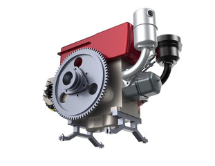 Modern Industrial Diesel Engine Assembly with Integrated Electric Starter, High-Definition Technical Drawing of Complex Mechanical Equipment, Cut Out PNG Digital Asset for Service Manuals and Design.