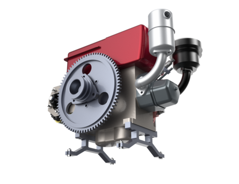 Modern Industrial Diesel Engine Assembly with Integrated Electric Starter, High-Definition Technical Drawing of Complex Mechanical Equipment, Cut Out PNG Digital Asset for Service Manuals and Design.