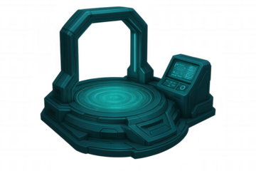 Glowing teleportation platform radiating sci-fi energy, advanced control panel visible, transparent background highlighting futuristic technology design