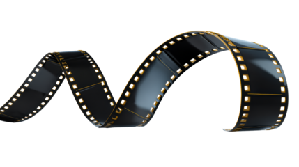 Curving Black Film Strip with Golden Edges on White, cut out transparent