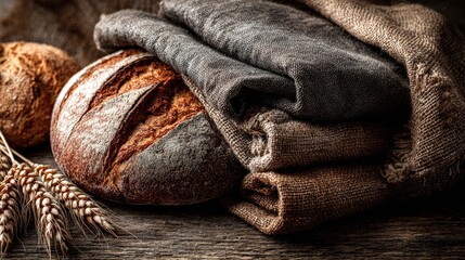 Artisanal Bread and Linen Texture: A still-life composition showcases freshly baked artisanal bread and rough-hewn linen textiles, creating a warm, inviting. Generative Ai