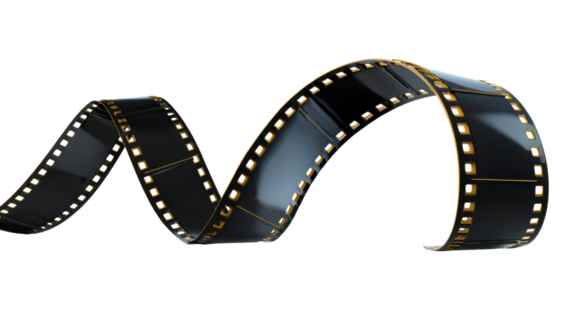 Curving Black Film Strip with Golden Edges on White, cut out transparent