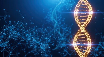 Glows with golden light a vibrant dna helix symbolizes life s intricate genetic code against a deep blue digital background