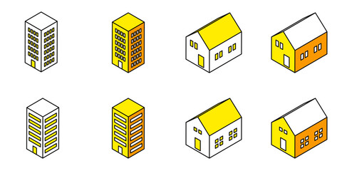 ビル　家　建物　アイソメトリック　セット　ベクター　イラスト