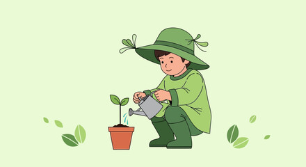 A Young Gardener Nurturing A Plant In A Simple, Colorful And Eco-Friendly Illustration Scene