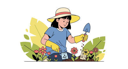 A young girl gardening and planting flowers in a vibrant garden illustration