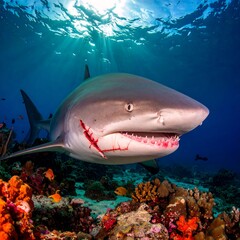 Fototapeta premium Powerful gray reef shark with a visible wound, swimming over a vibrant coral reef in a deep blue ocean.