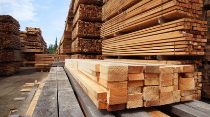Fototapeta premium Bulk Lumber. Wood Yard with Stacked Pine Planks and Posts