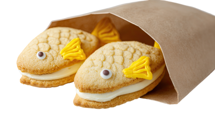 Two fish-shaped sandwich cookies, yellow icing fins, cream filling, brown paper bag