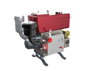 Modern Industrial Diesel Engine Assembly with Integrated Electric Starter, High-Definition Technical Drawing of Complex Mechanical Equipment, Cut Out PNG Digital Asset for Service Manuals and Design.