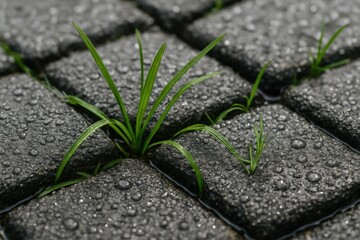 Macro shot of raindrops on permeable paving blocks with green grass sprouts, highlighting eco-friendly urban design and sustainable infrastructure.
