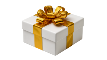White gift box with ornate gold ribbon and bow on transparent background, cut out transparent