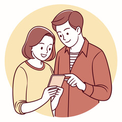 Fototapeta premium Vector art of a couple looking at a smartphone together, smiling and engaged with the content on the screen