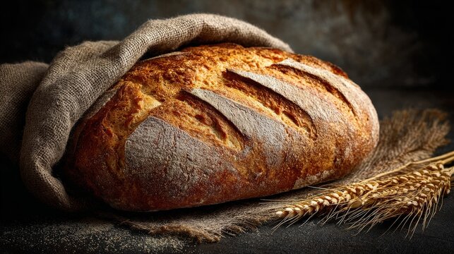 Artisanal Loaf: A close-up shot of a rustic, golden-brown loaf of artisanal bread. showcasing the texture of the crust and the rustic charm of a freshly baked bread loaf.  Generative Ai