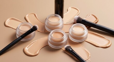 Makeup foundation and brushes displayed on a neutral background.