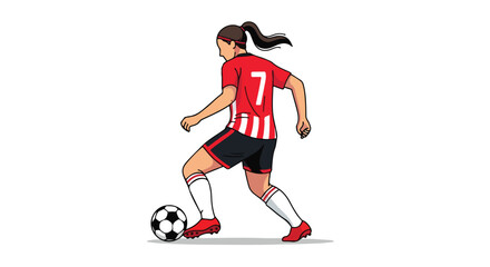 Focused female soccer player in action dribbling ball with determination on a clean white backdrop showcasing athletic prowess and competitive spirit