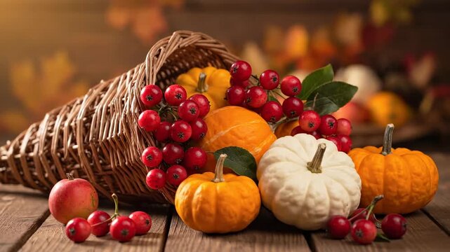 Autumnal Cornucopia with Pumpkins and Crabapples - A wicker cornucopia overflowing with small pumpkins, red crabapples, and autumn leaves sits on a rustic wooden surface.