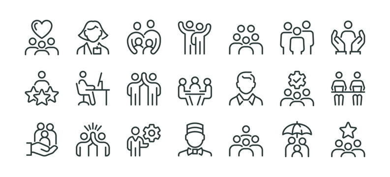 Business people, human resources, team work icons pack. Line signs crowd, office worker and employees group, staff people. Thin vector icons set for web and app outline editable stroke.