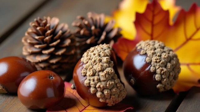 Chestnut and pinecones, autumn food and leaves