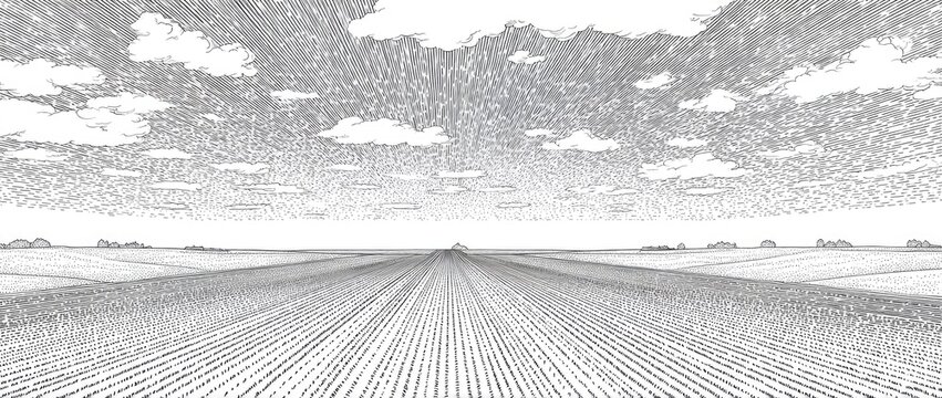 A grayscale landscape of plowed fields stretching into a vast horizon, dotted with small clouds