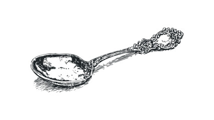 Ornate antique spoon with swirling handle details on white. Vector hand drawn illustration