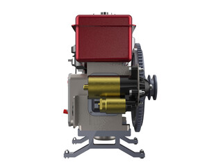 High-Resolution 3D Render of a Red and Silver Single-Cylinder Diesel Engine on Transparent Background - Ideal for Industrial, Mechanical, and Power Generation Projects with Detailed Engineering Design