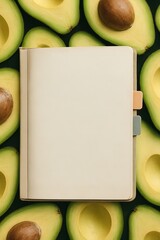 A blank beige notebook with tabs placed on a background of halved avocados, serving as free space for text. Generated AI.