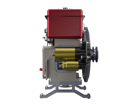 High-Resolution 3D Render of a Red and Silver Single-Cylinder Diesel Engine on Transparent Background - Ideal for Industrial, Mechanical, and Power Generation Projects with Detailed Engineering Design