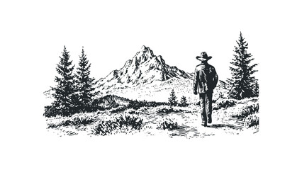 Man in Cowboy Hat Walking Towards Majestic Mountain Range and Pine Trees. Vector hand drawn illustration