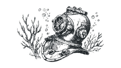 Vintage diving helmet with coral and bubbles sketch. Vector hand drawn illustration