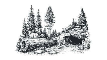 Forest cave entrance with fallen log and pine trees detailed sketch. Vector hand drawn illustration