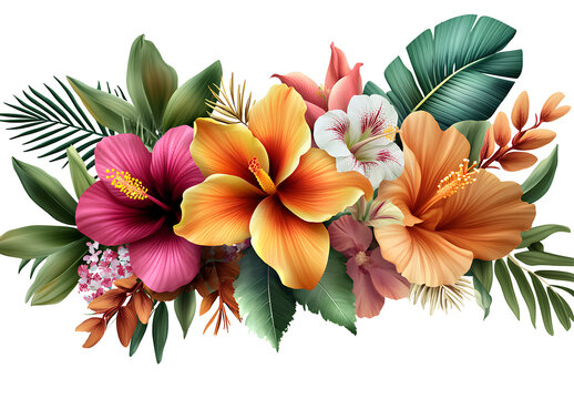 set of two tropical flower arrangements, transparent background, png 