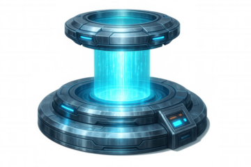 Futuristic teleportation device generating bright blue energy beam, glowing with sci-fi technological innovation against transparent backdrop