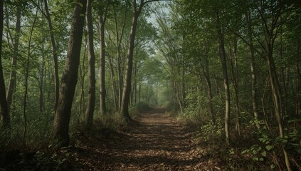 Winding walkway in green beech forest