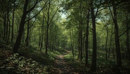 Winding walkway in spring green beech forest