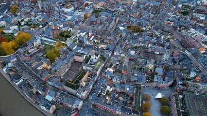 An aerial panorama view around the downtown of the City Namur In Belgium on a cloudy spring afternoon