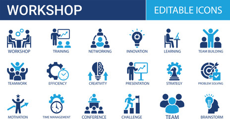 Fototapeta premium Workshop icon set. Containing team building, collaboration, teamwork, coaching, problem-solving and education icons. Solid icon collection.
