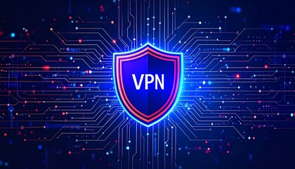 Glowing VPN shield emblem on a circuit board background