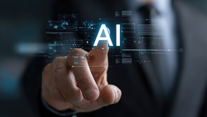 Businessperson's hand touches a glowing AI graphic