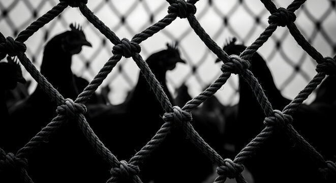 A monochrome capture showcases a group of chickens behind a knotted net, their silhouettes creating a stark contrast against the blurred background, evoking a sense of confinement and mystery