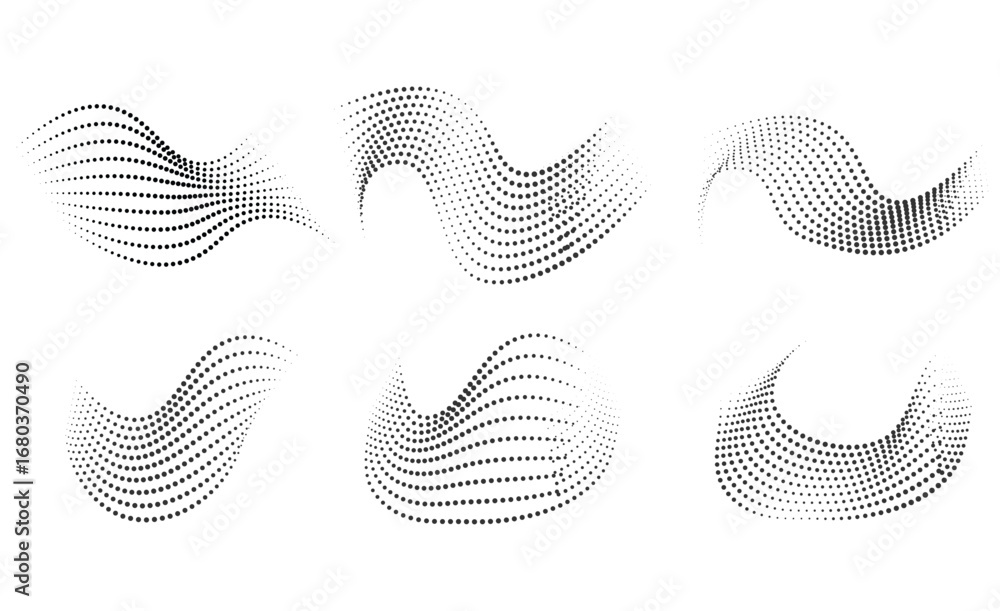 Poster abstract black and white swirling dot patterns showing dynamic motion and fluidity