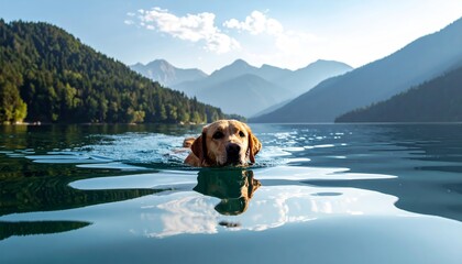 Golden retriever enjoys swimming in pristine lake amidst a mountain backdrop