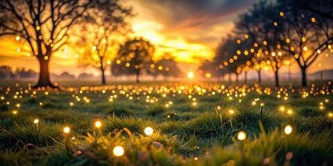 Magical evening landscape with glowing fairy lights in trees and field at sunset